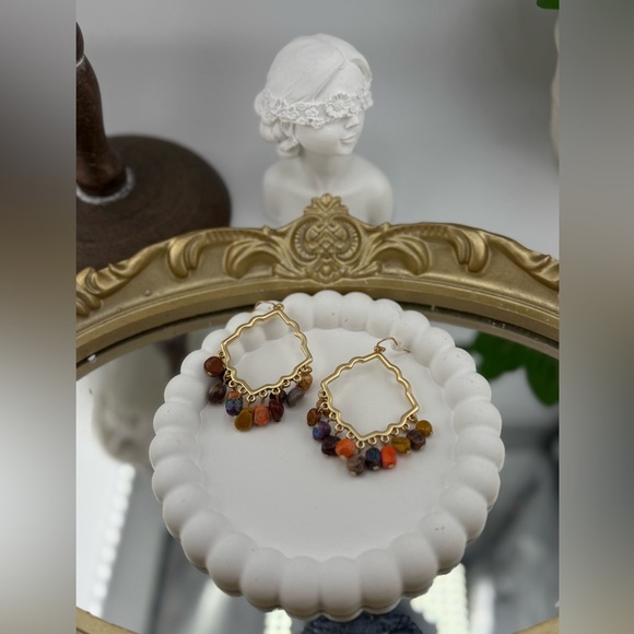 Boho Chic Multicolor Gemstone Dangle Earrings – Gold Frame ✨🌈 - Picture 1 of 5